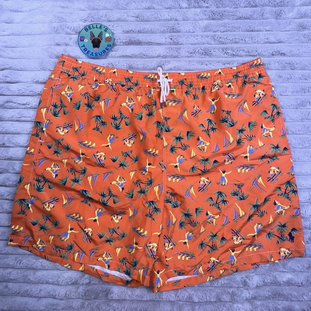 Polo Ralph‎ Lauren Men's 3XL Tall Orange Hawaiian Hula Girl Pocket Swim Trunks